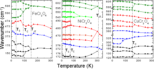 Figure 3: Temperature dependence and splitting of the phonon modes in spinels